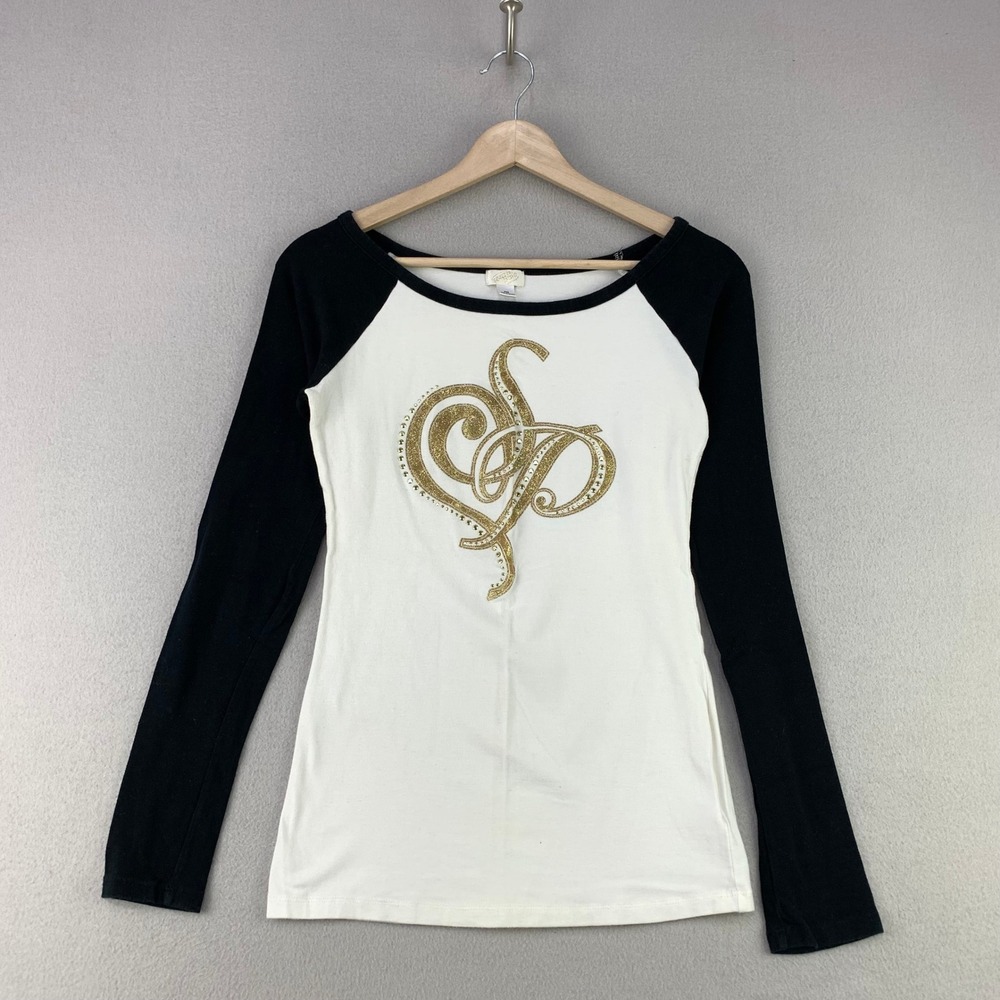 Southpole Graphic Raglan Shirt Women M White Black Y2K Glitter Logo Long Sleeve